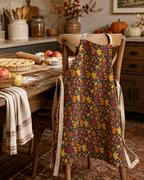 A rustic kitchen scene with a wooden chair draped in a dark apron featuring an autumn leaf pattern in orange, yellow, red, and brown, with cream ties. A wooden table with a pie, apples, and kitchen items is in the background.