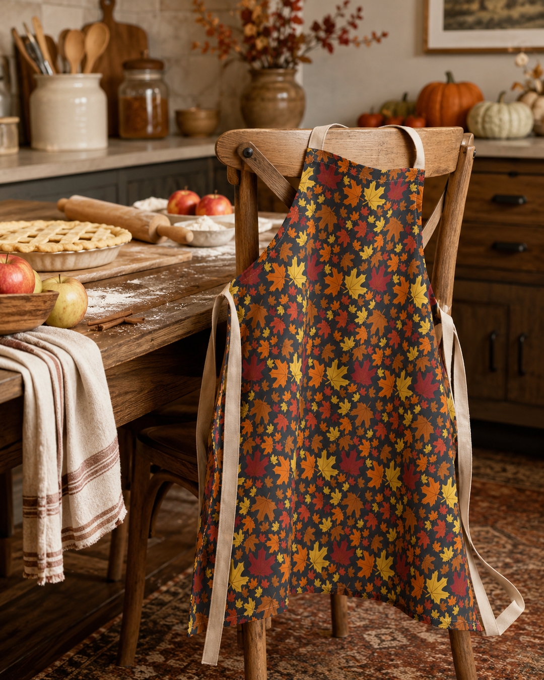 A rustic kitchen scene with a wooden chair draped in a dark apron featuring an autumn leaf pattern in orange, yellow, red, and brown, with cream ties. A wooden table with a pie, apples, and kitchen items is in the background.