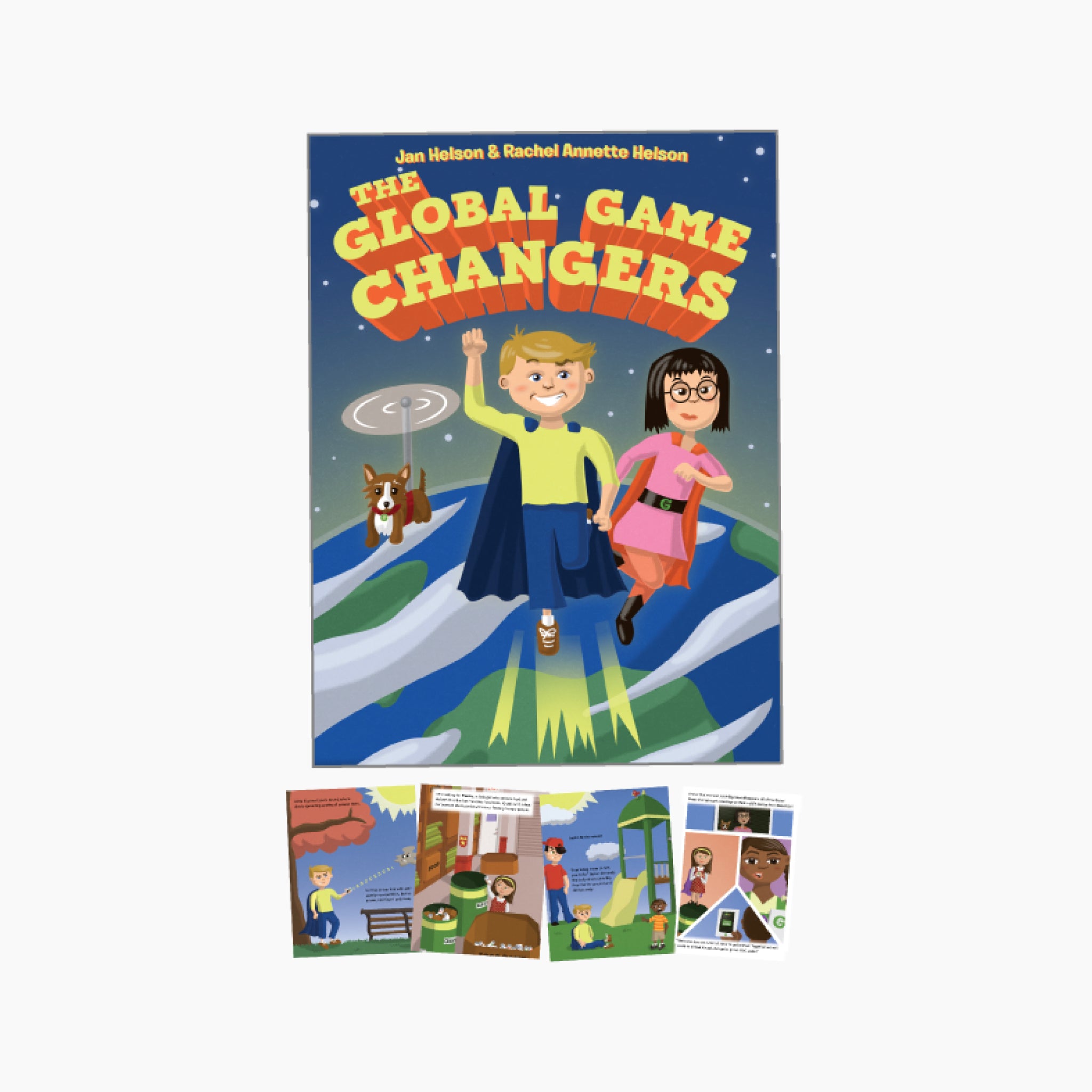 Children's book titled 'The Global Game Changers' with 4 sample pages on a white background