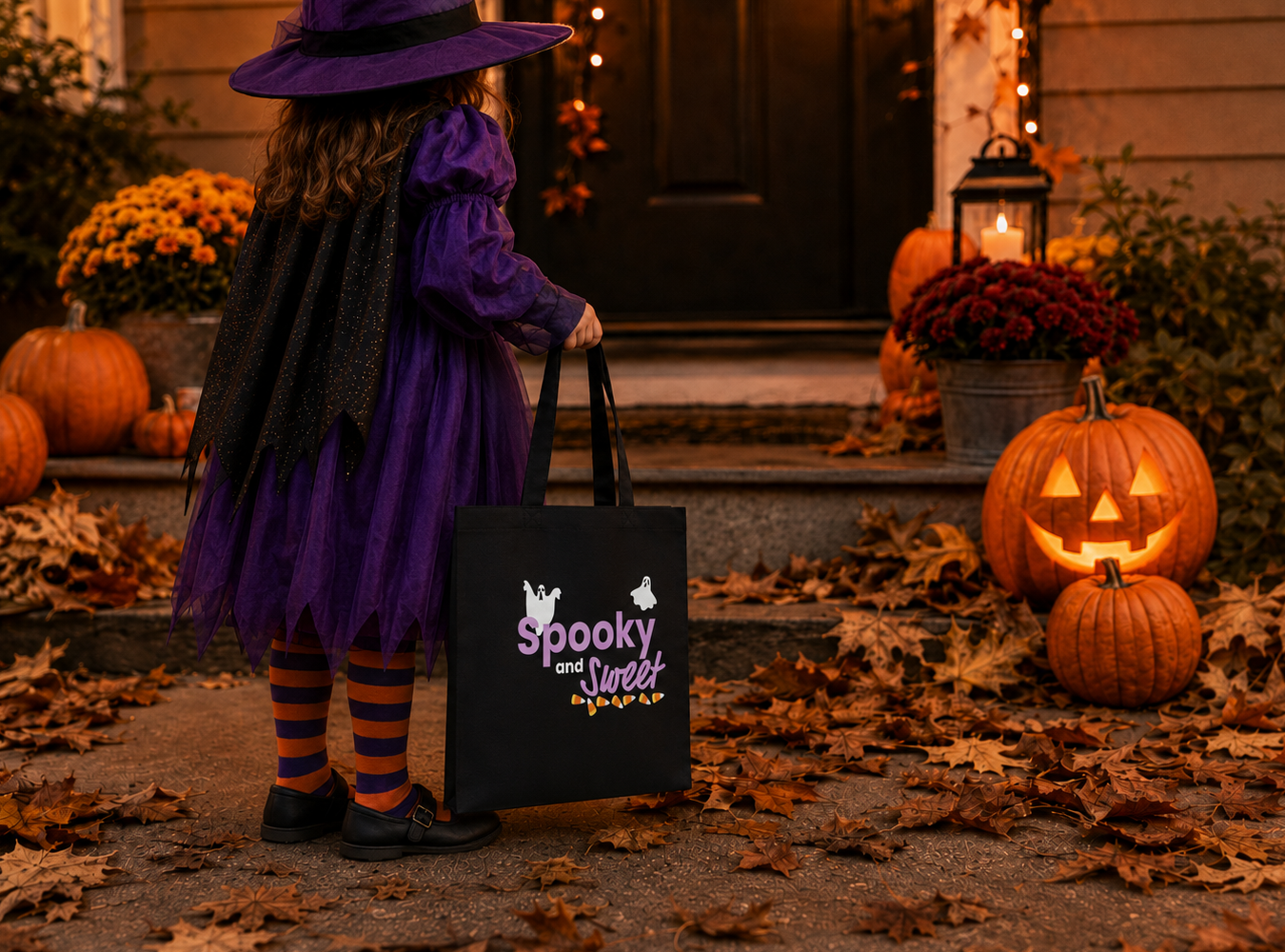 A child dressed as a witch stands on a leaf-covered porch holding a black tote bag with the words 'Spooky and Sweet' printed on it. Pumpkins, flowers, and warm porch lights are visible in the background.
