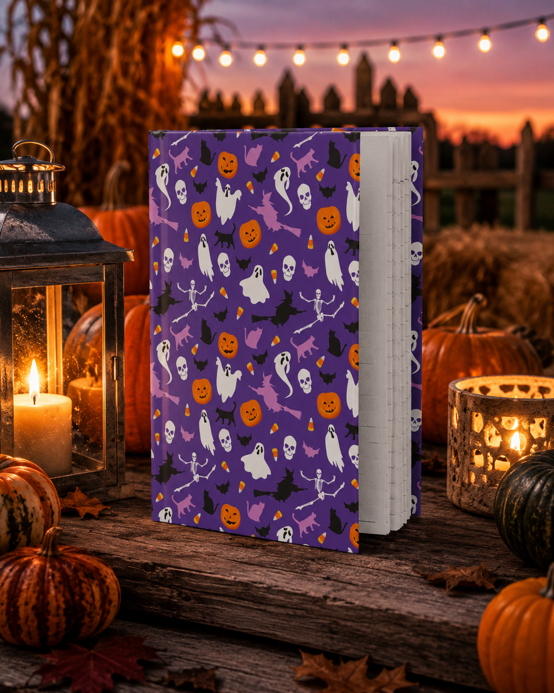 A hardcover notebook with a purple cover decorated with a Halloween pattern of ghosts, pumpkins, bats, and witches, displayed on a rustic wooden table surrounded by candles, pumpkins, and a lantern at sunset.