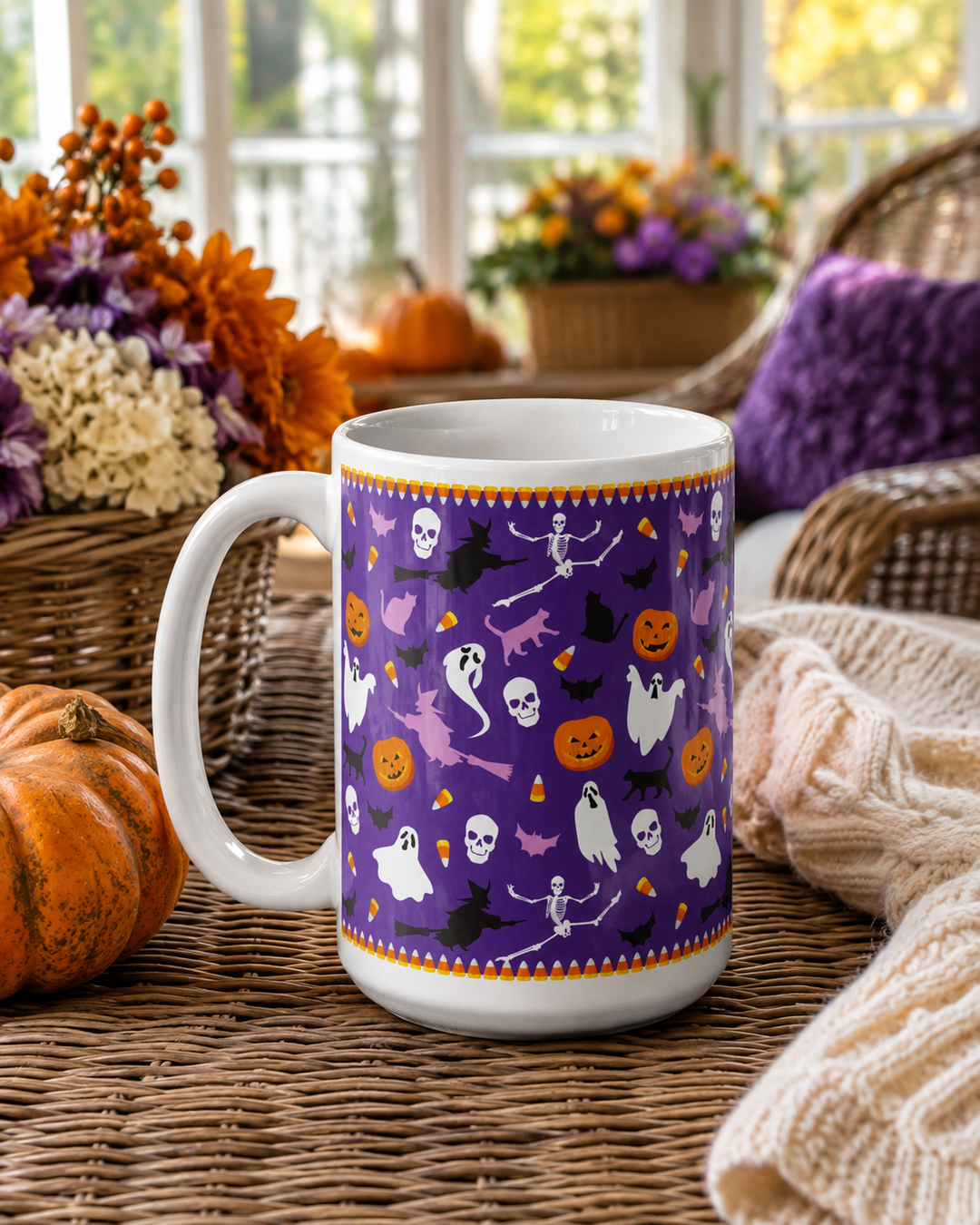 A white ceramic mug with a purple Halloween-themed pattern featuring ghosts, pumpkins, bats, and skeletons, styled on a wicker table with autumn props in a cozy porch setting.