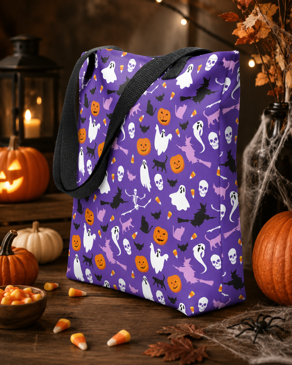 A purple tote bag with a Halloween print of ghosts, pumpkins, bats, and skulls, styled on a rustic wooden table with pumpkins, candy corn, and Halloween decorations.