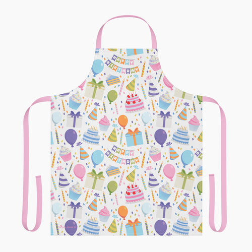 Colorful apron with birthday-themed pattern on a white background