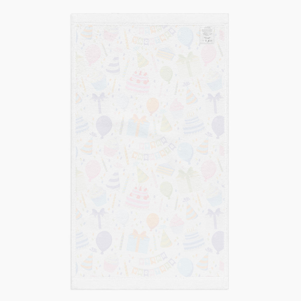 White back of Cloth kitchen hand towel with birthday-themed pattern on a white background