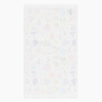 White back of Cloth kitchen hand towel with birthday-themed pattern on a white background
