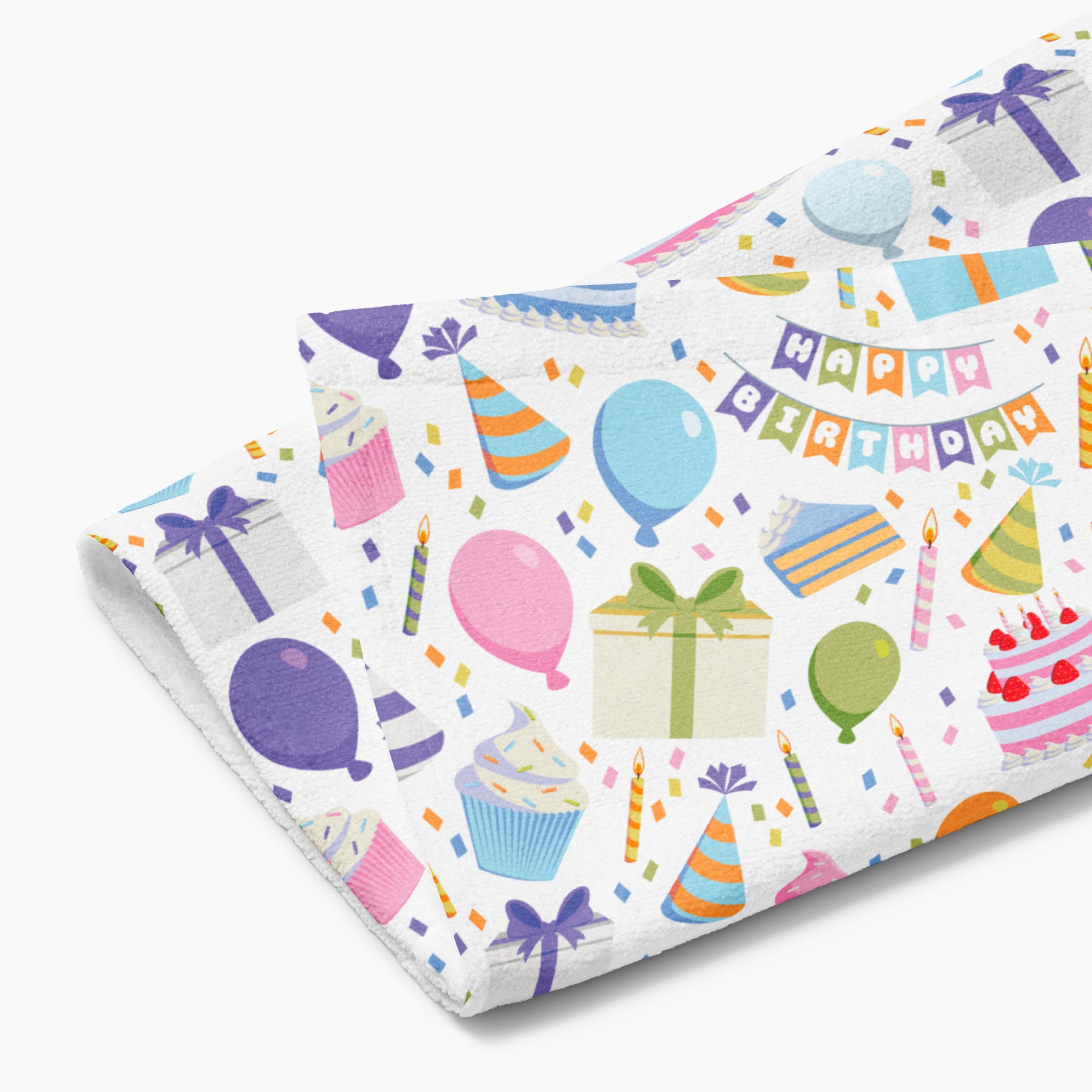 Cloth kitchen hand towel with birthday-themed pattern on a white background