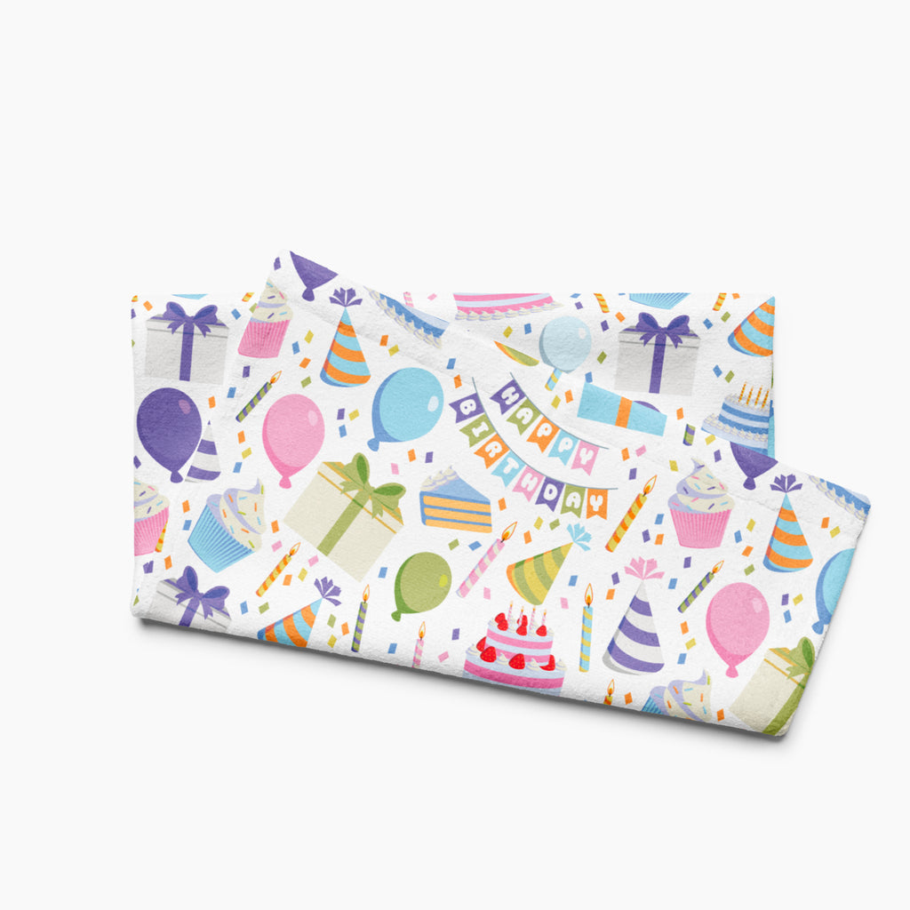 Cloth kitchen hand towel with birthday-themed pattern on a white background