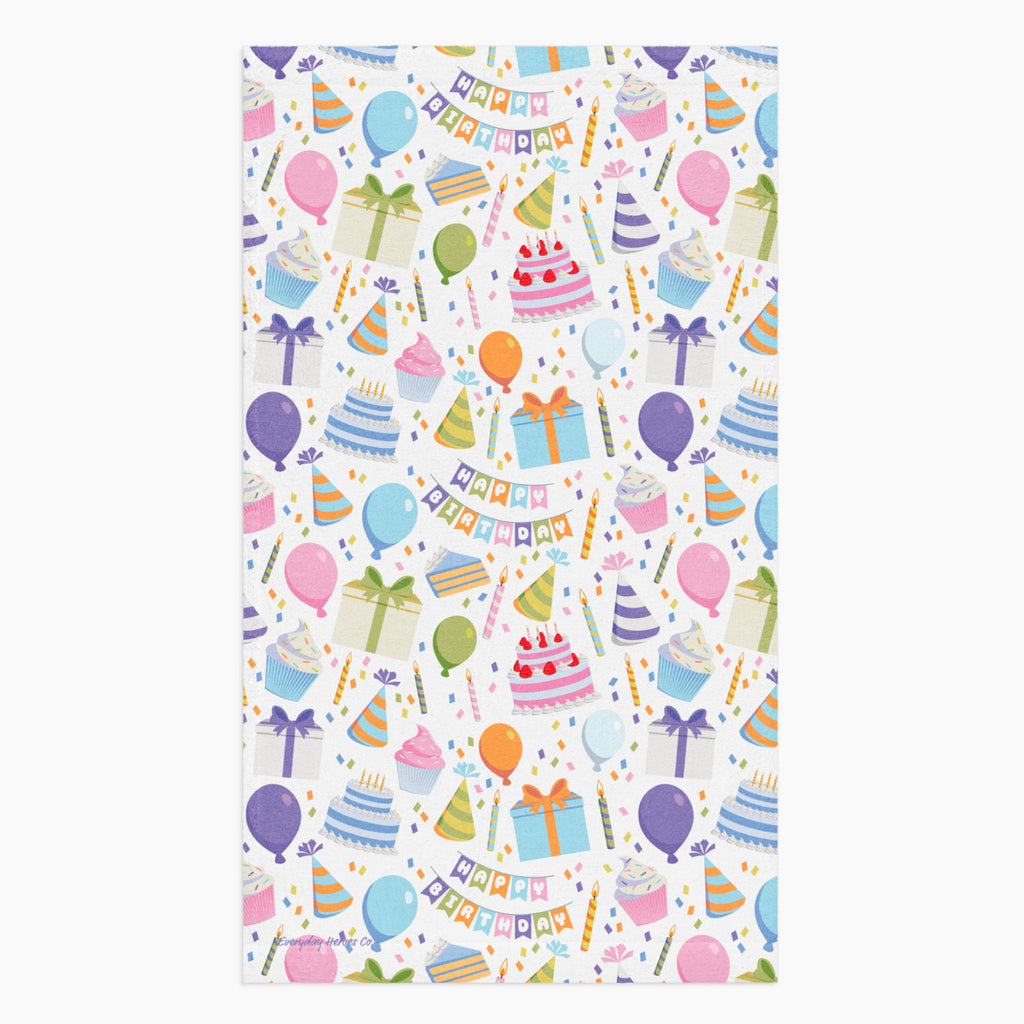 Cloth kitchen hand towel with birthday-themed pattern on a white background