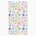 Cloth kitchen hand towel with birthday-themed pattern on a white background