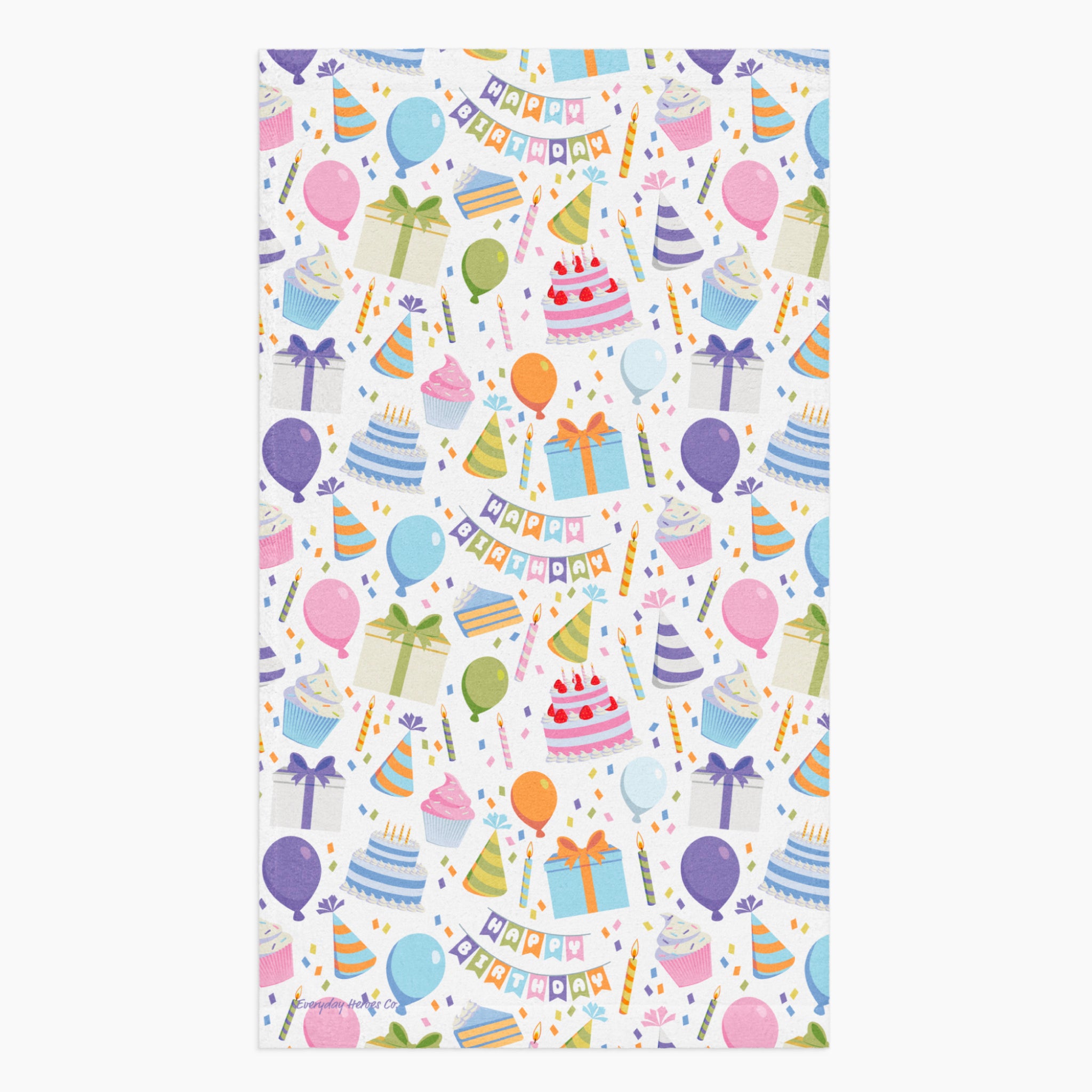Cloth kitchen hand towel with birthday-themed pattern on a white background