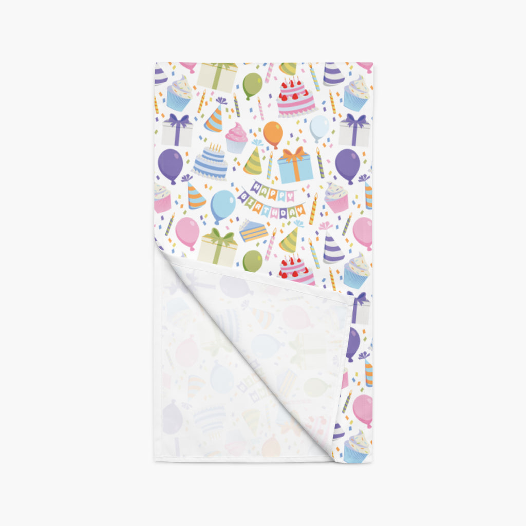 Table runner with birthday-themed design on a white background