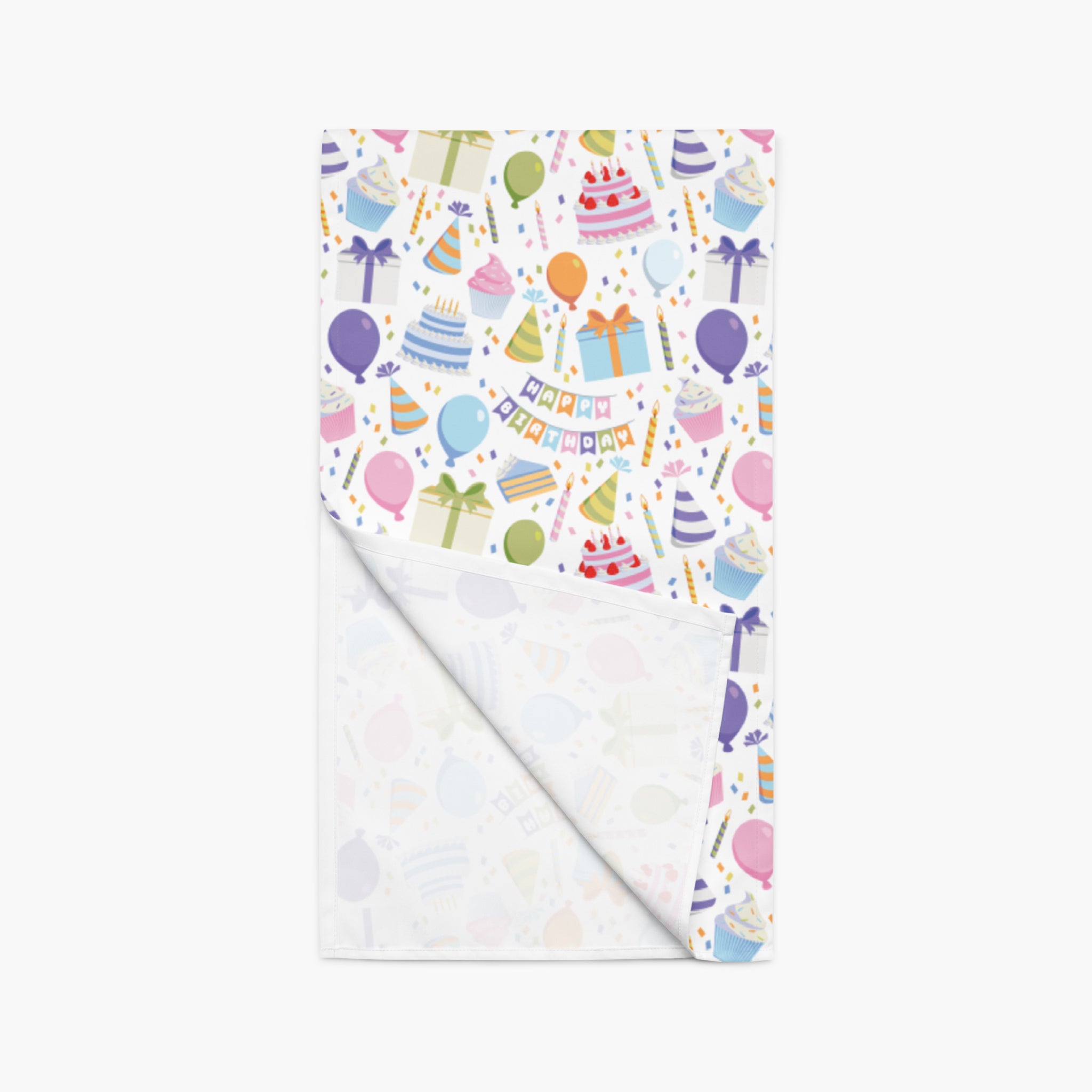 Table runner with birthday-themed design on a white background