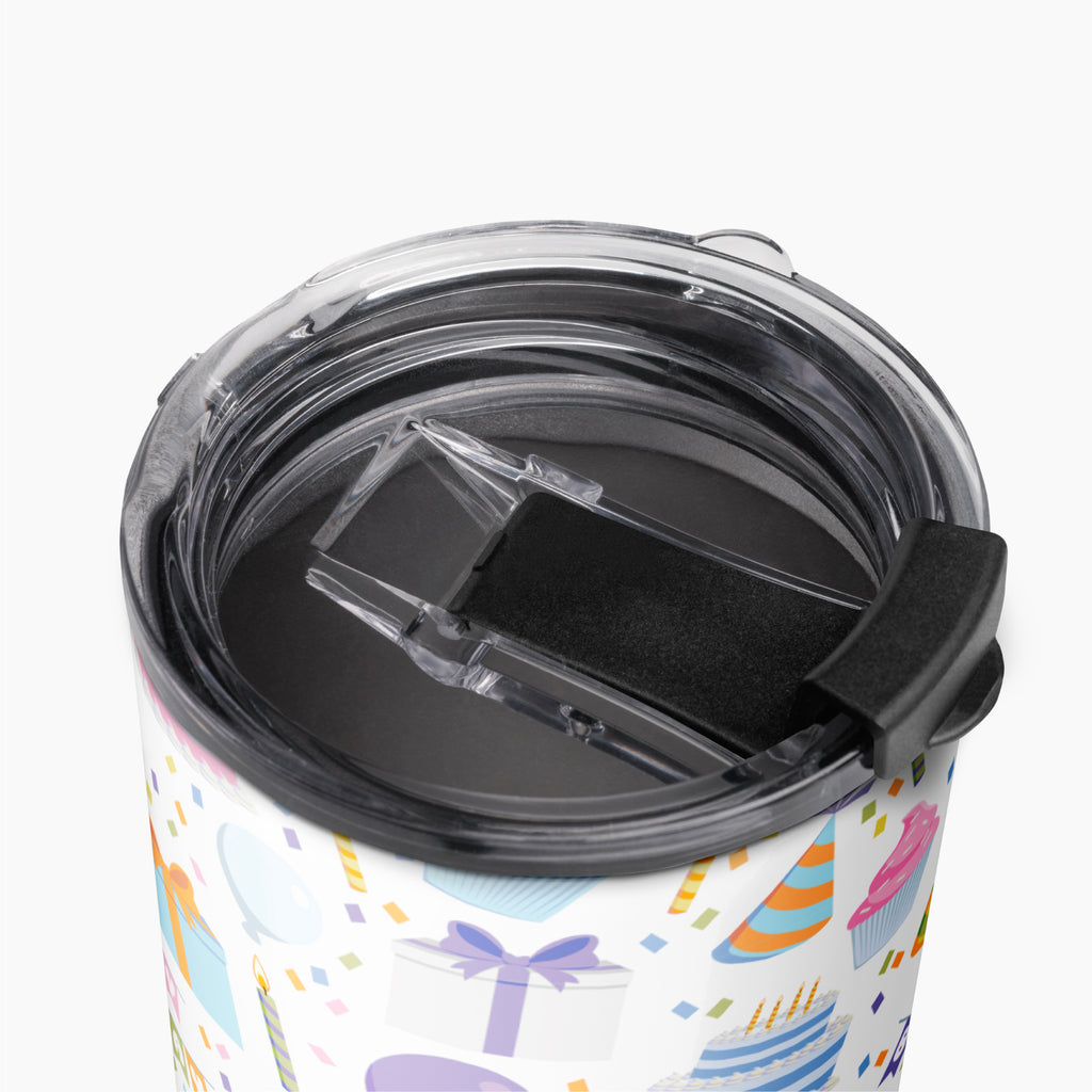 Tumbler with a colorful birthday-themed pattern on a white background