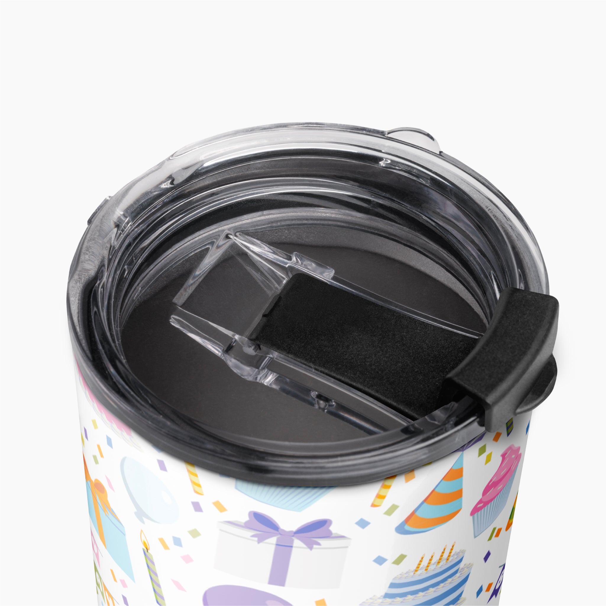Tumbler with a colorful birthday-themed pattern on a white background