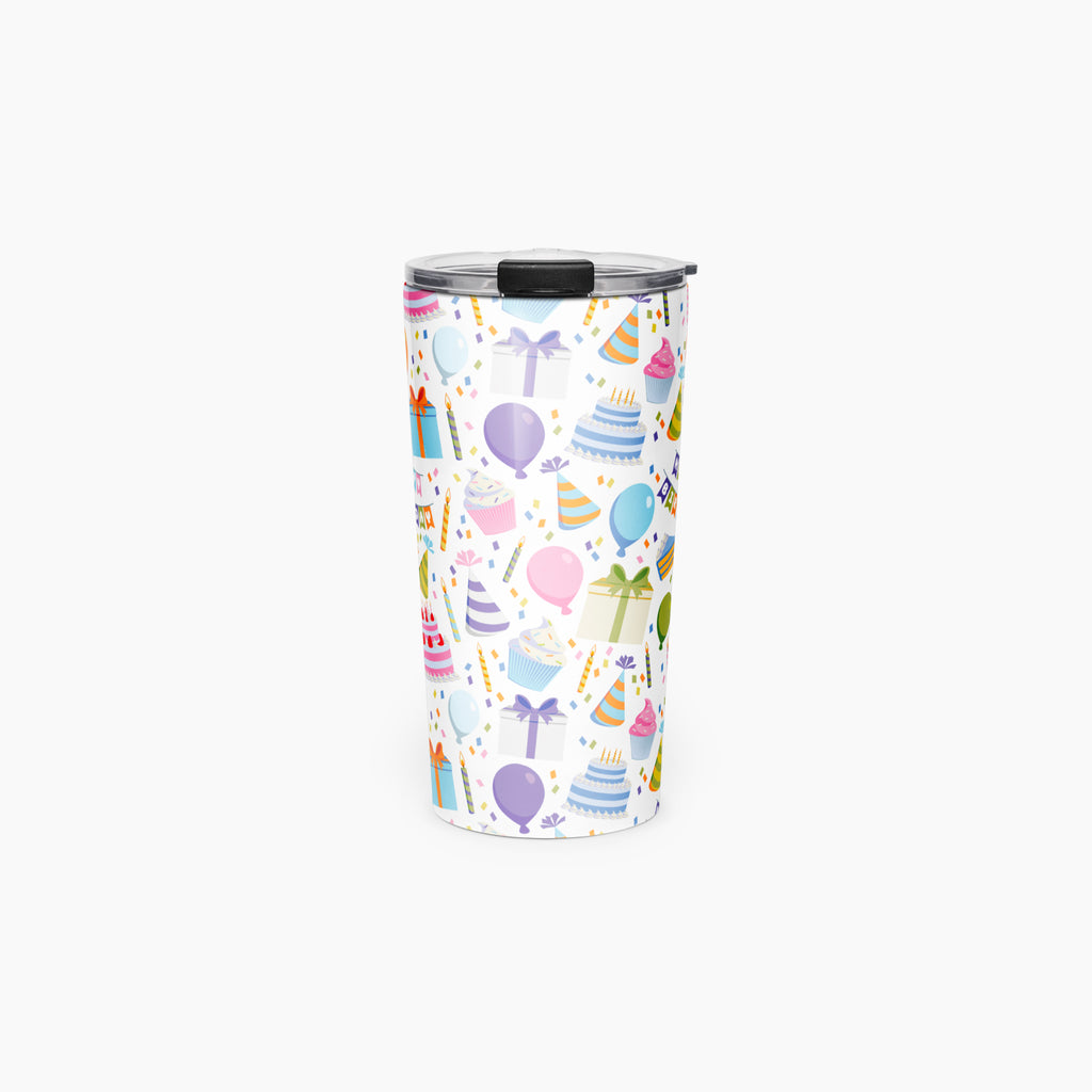 Tumbler with a colorful birthday-themed pattern on a white background