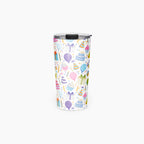 Tumbler with a colorful birthday-themed pattern on a white background