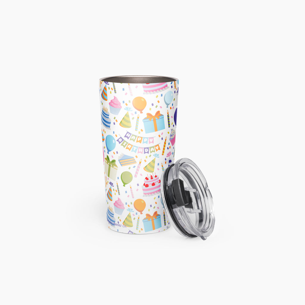 Tumbler with a colorful birthday-themed pattern on a white background