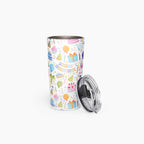 Tumbler with a colorful birthday-themed pattern on a white background