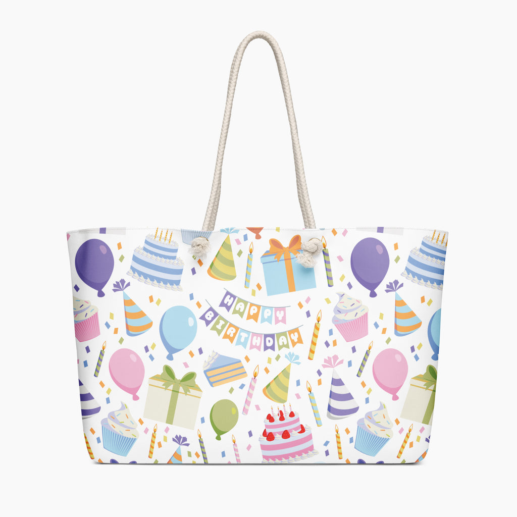 Tote bag with birthday-themed design on a white background