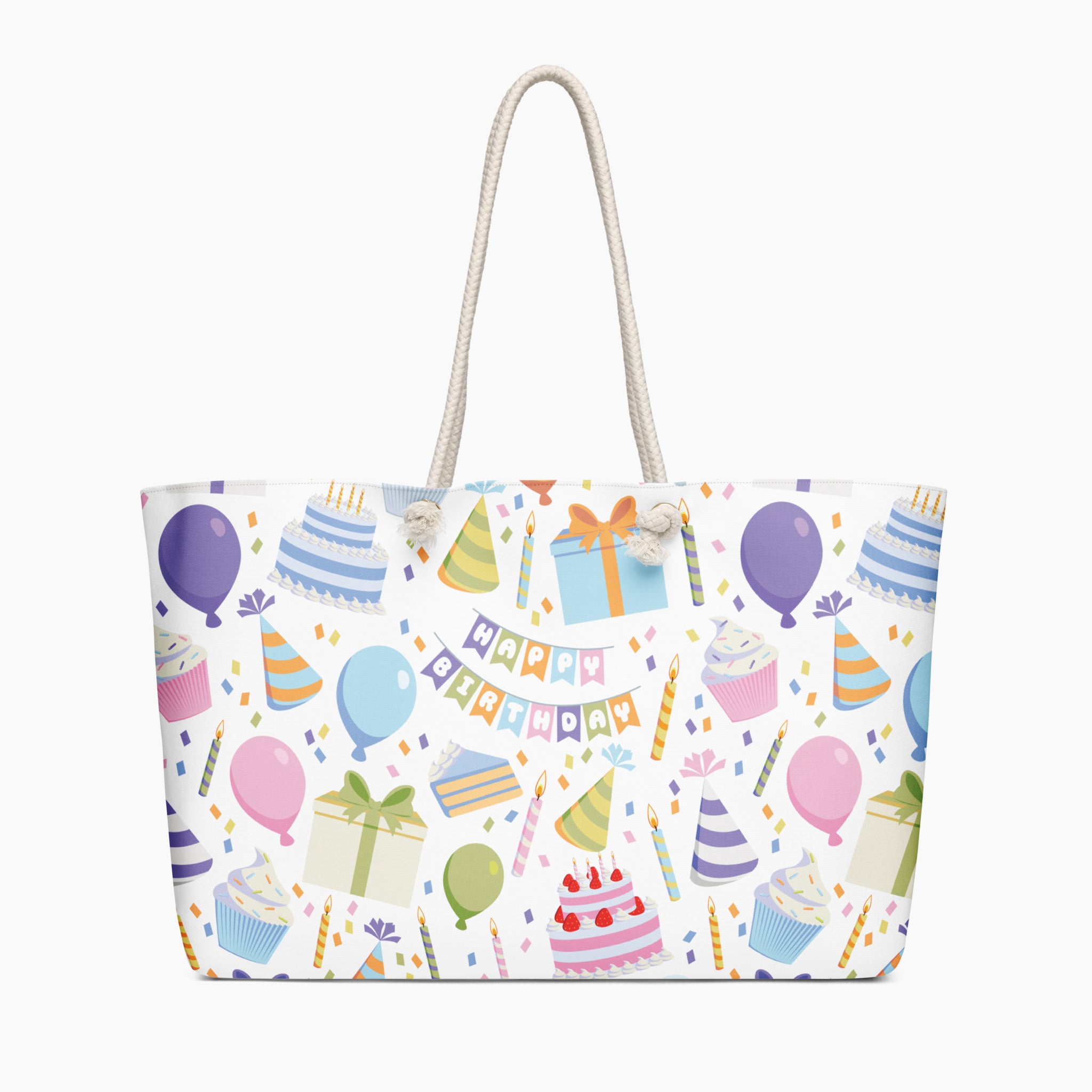 Tote bag with birthday-themed design on a white background