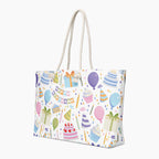 Tote bag with birthday-themed design on a white background