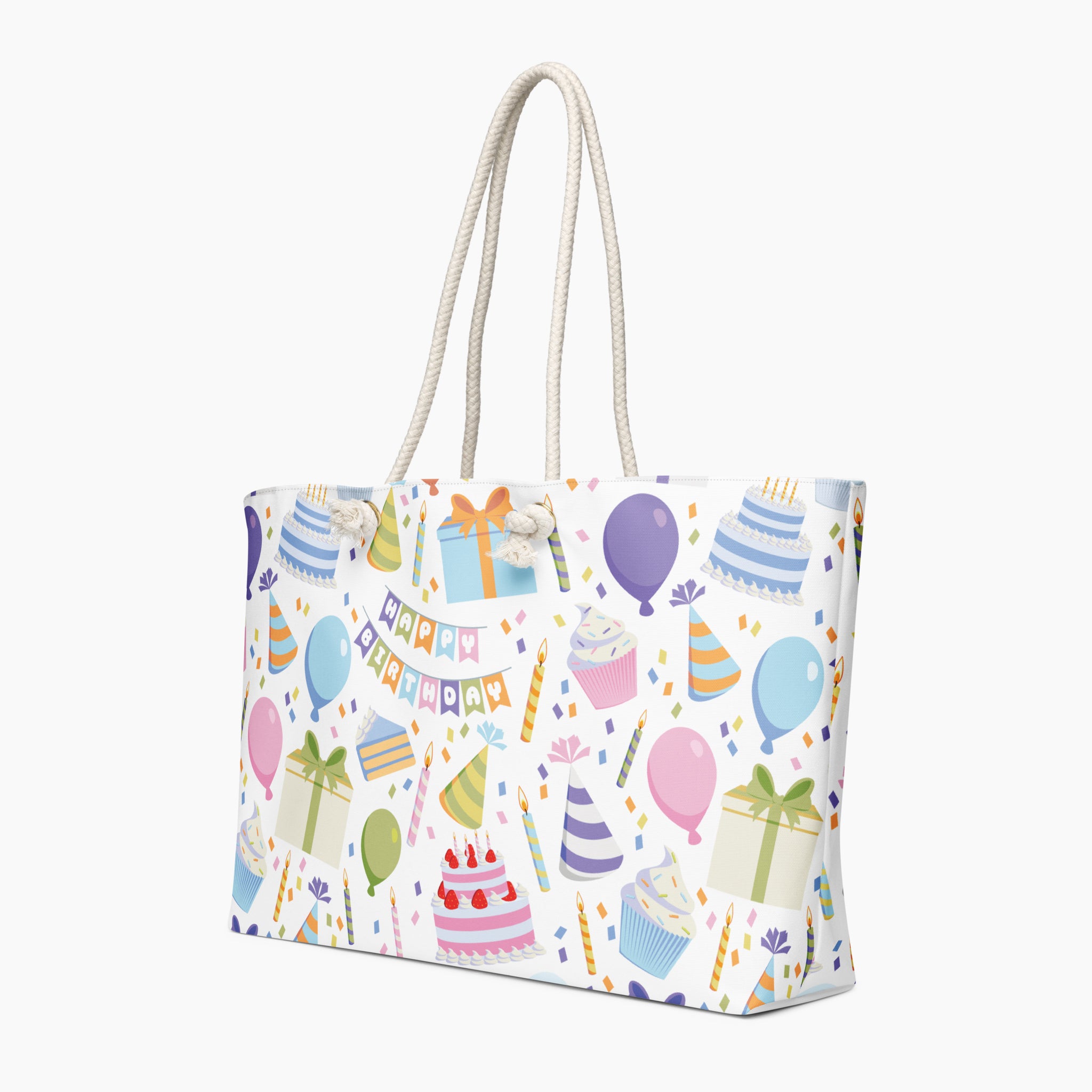 Tote bag with birthday-themed design on a white background