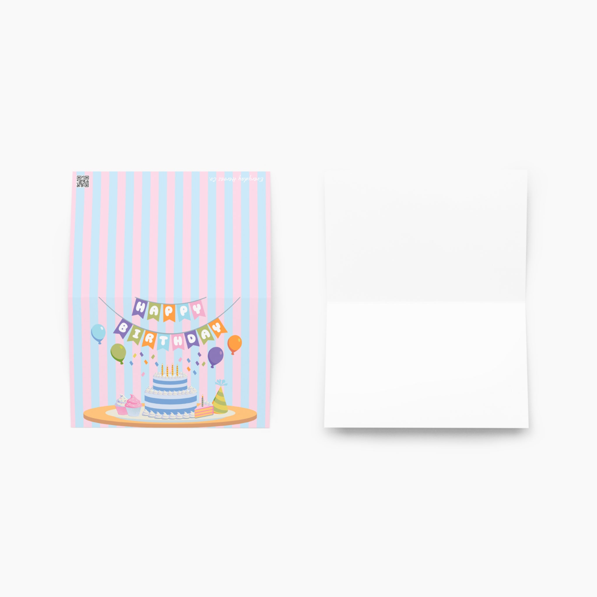 Greeting card with birthday cake and balloons design on a white background