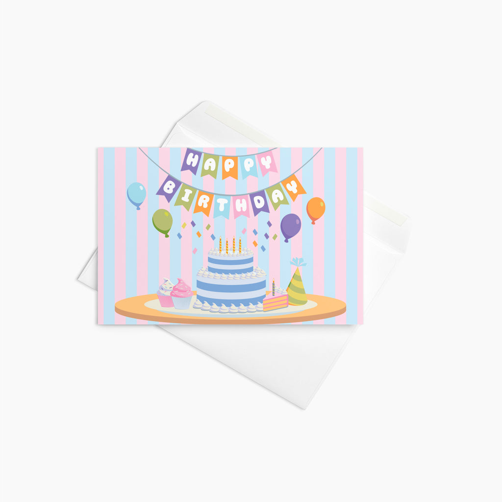 Birthday card with cake and balloons design on a white background
