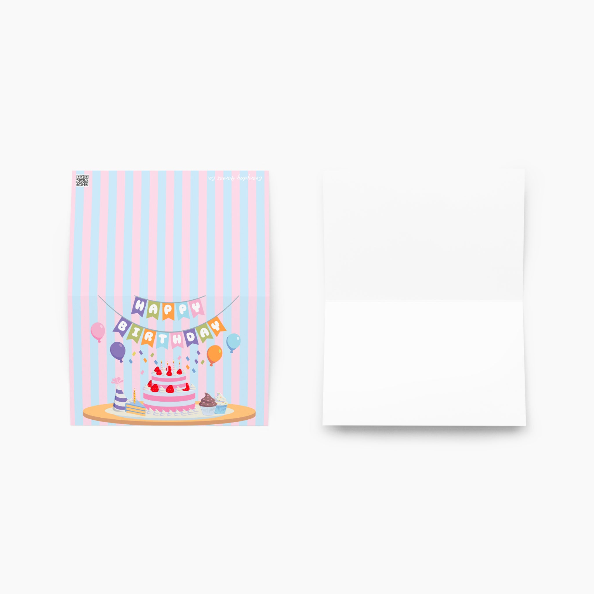 Greeting card with a birthday cake and 'Happy Birthday' banner on a light blue and pink background