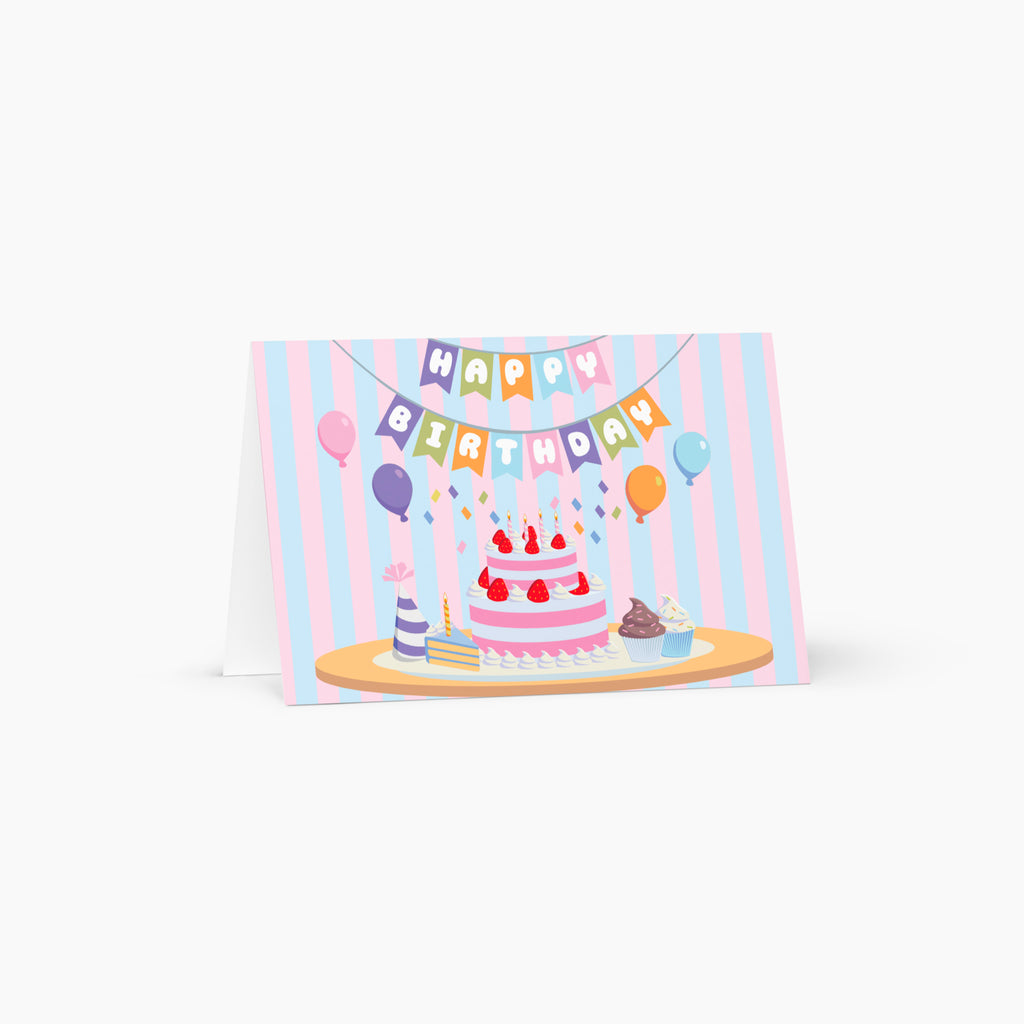 Birthday card with a cake and balloons design on a white background
