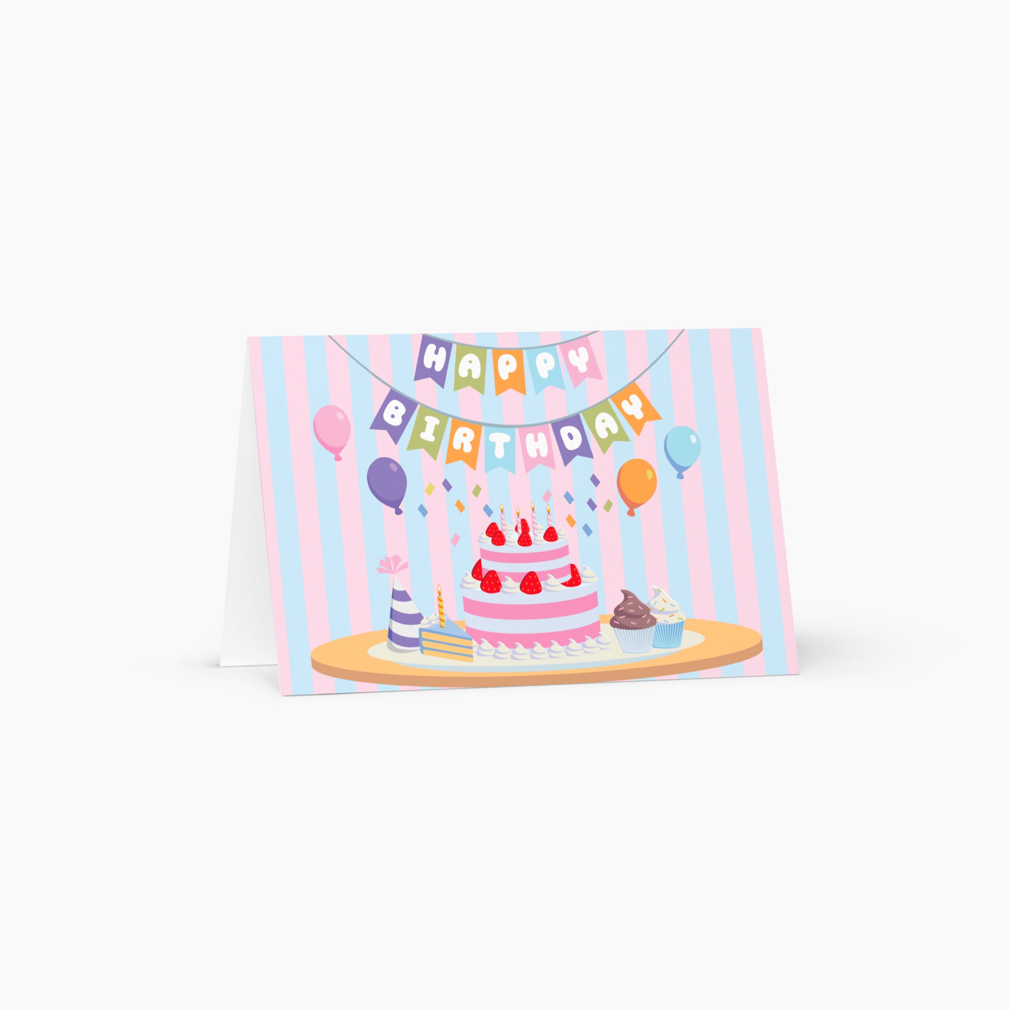 Birthday card with a cake and balloons design on a white background