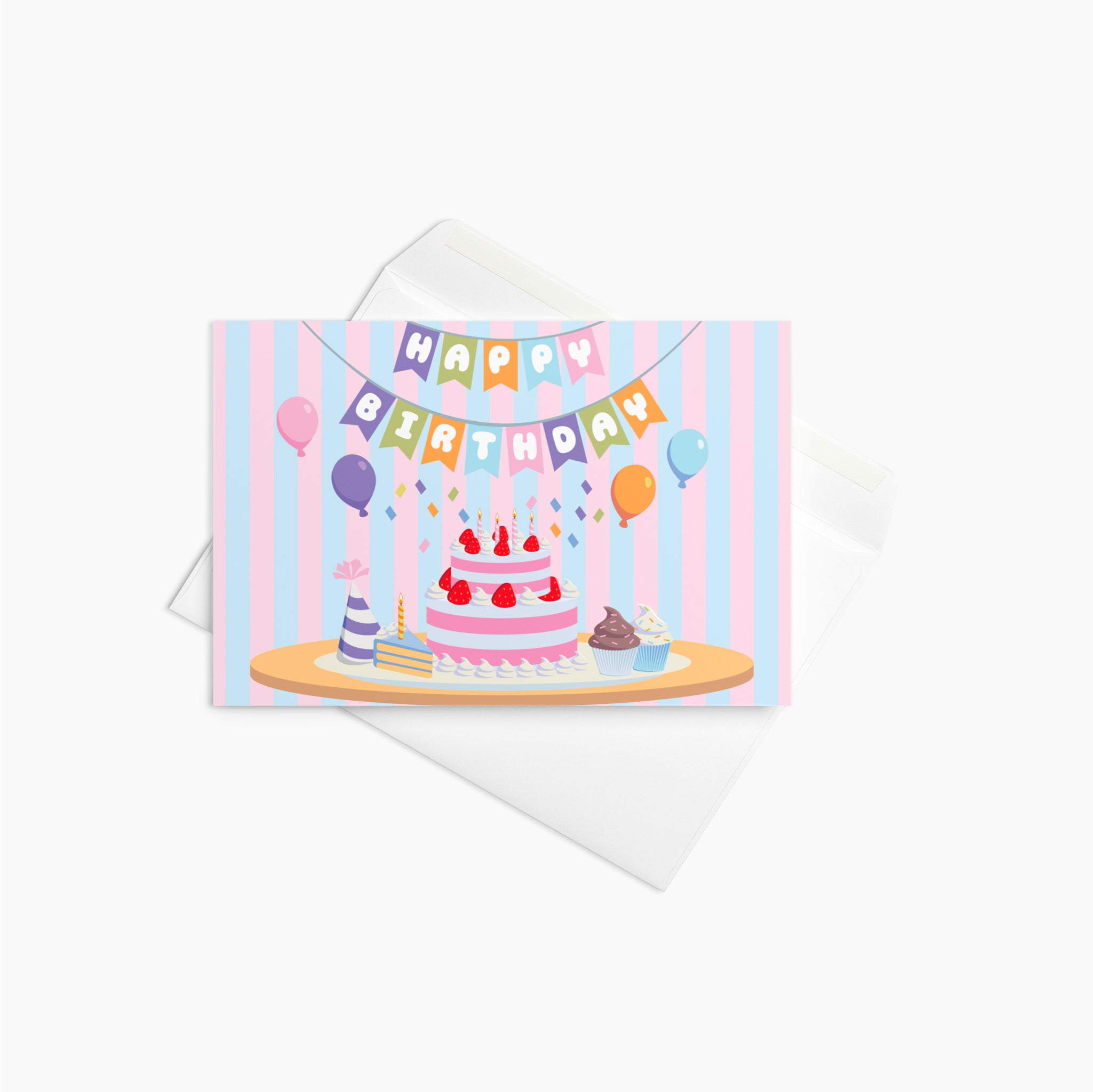 Birthday card with cake and balloons design on a white background
