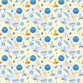 A repeating gift wrapping paper pattern featuring blue menorahs, blue Star of David stars, blue menorah medallions, blue doves, blue olive branches, and small gold birds on a pale cream background.