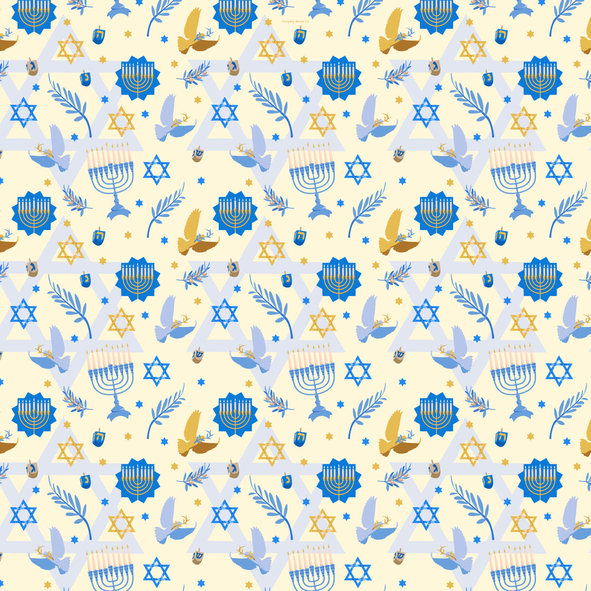A repeating gift wrapping paper pattern featuring blue menorahs, blue Star of David stars, blue menorah medallions, blue doves, blue olive branches, and small gold birds on a pale cream background.