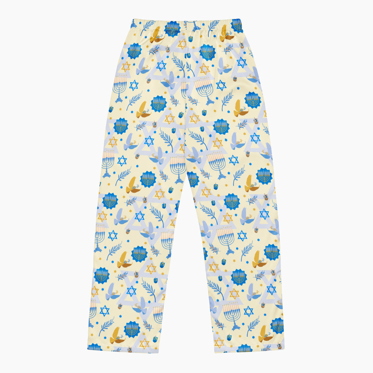 The back of a pair of pajama pants with a festive Hanukkah holiday print featuring blue menorahs, Star of David symbols, dreidels, olive branches, and doves on a pale yellow background, complete with a blue drawstring waist.