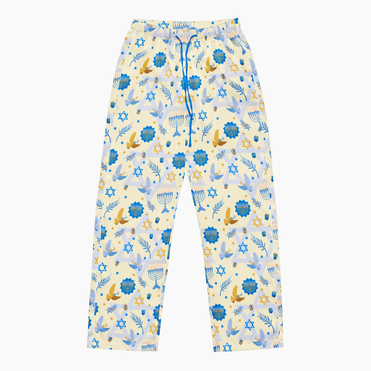 A pair of pajama pants with a festive Hanukkah holiday print featuring blue menorahs, Star of David symbols, dreidels, olive branches, and doves on a pale yellow background, complete with a blue drawstring waist.