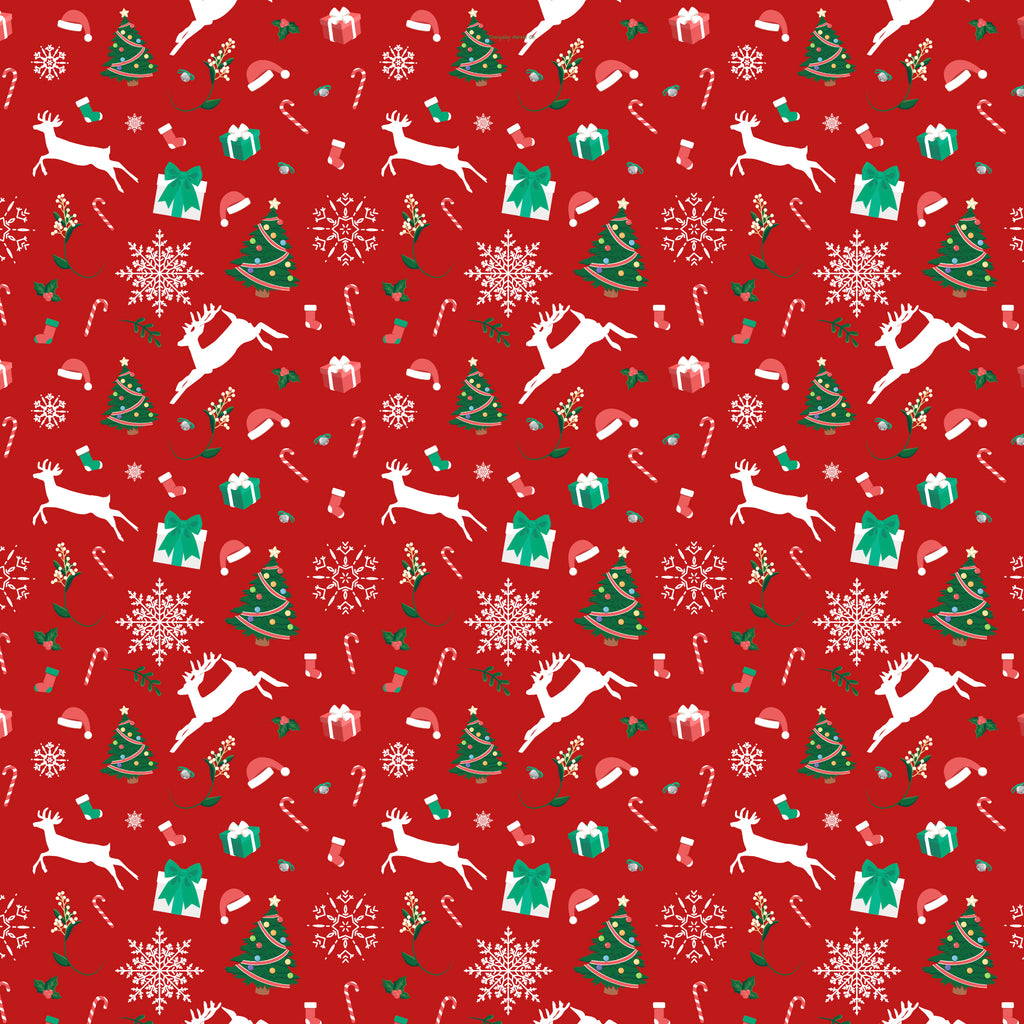 A festive Christmas gift wrapping paper pattern on a red background featuring white reindeer, green Christmas trees, white snowflakes, candy canes, wrapped gifts, and small holiday icons.