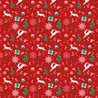 A festive Christmas gift wrapping paper pattern on a red background featuring white reindeer, green Christmas trees, white snowflakes, candy canes, wrapped gifts, and small holiday icons.