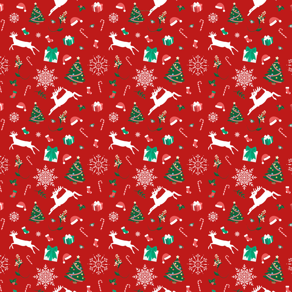 A festive Christmas gift wrapping paper pattern on a red background featuring white reindeer, green Christmas trees, white snowflakes, candy canes, wrapped gifts, and small holiday icons.