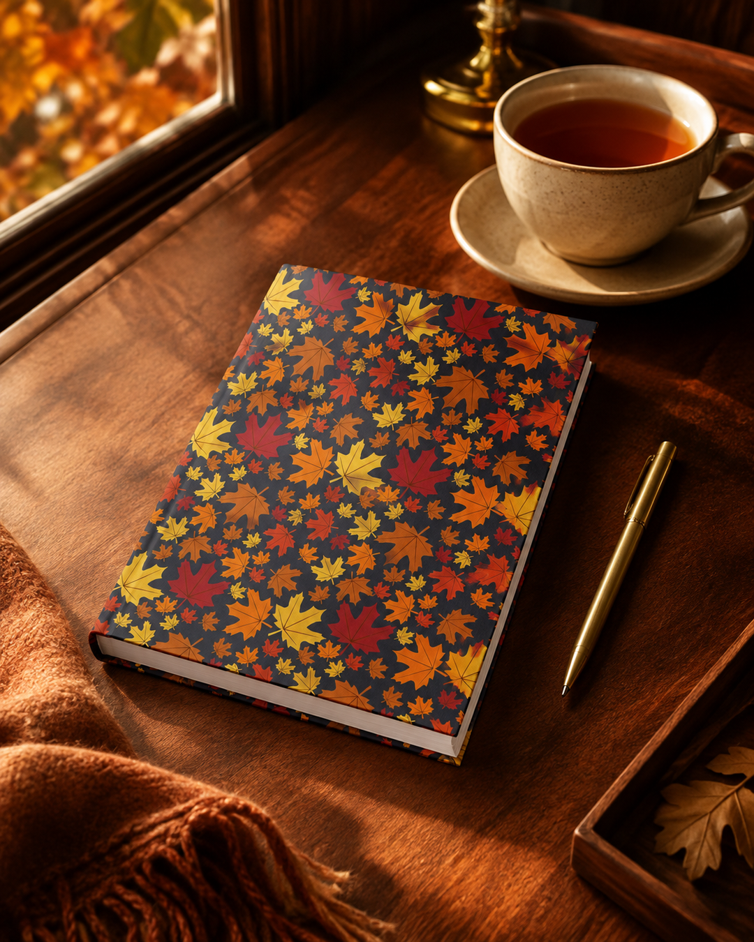 A hardcover notebook with a dark navy cover covered in a colorful autumn leaf pattern, styled on a wooden table next to a cup of tea, a gold pen, and a brown scarf.