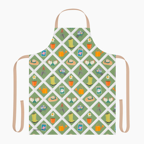 Gardening-themed apron with patterns of boots, hats, and tools on a green and white lattice background.