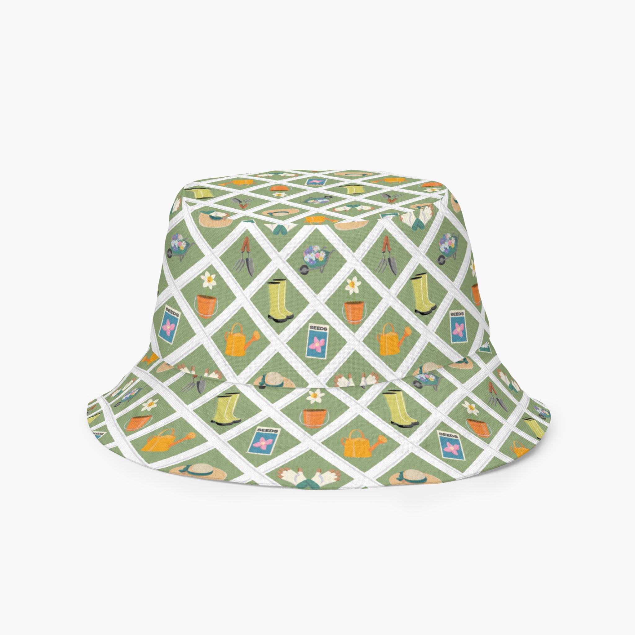 Reversible light green bucket hat with custom printed garden lattice fence design on a white background