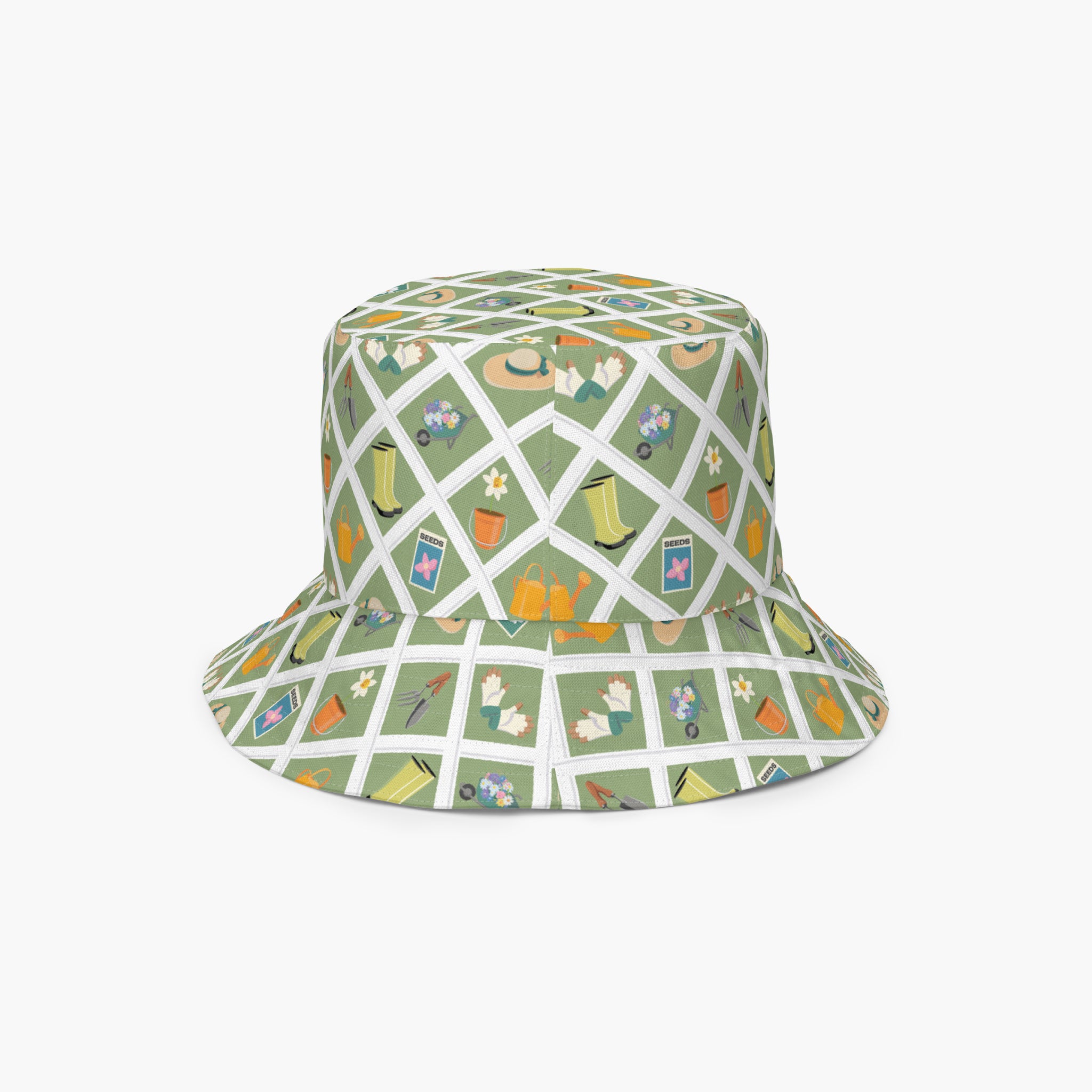 Reversible light green bucket hat with custom printed garden lattice fence design on a white background