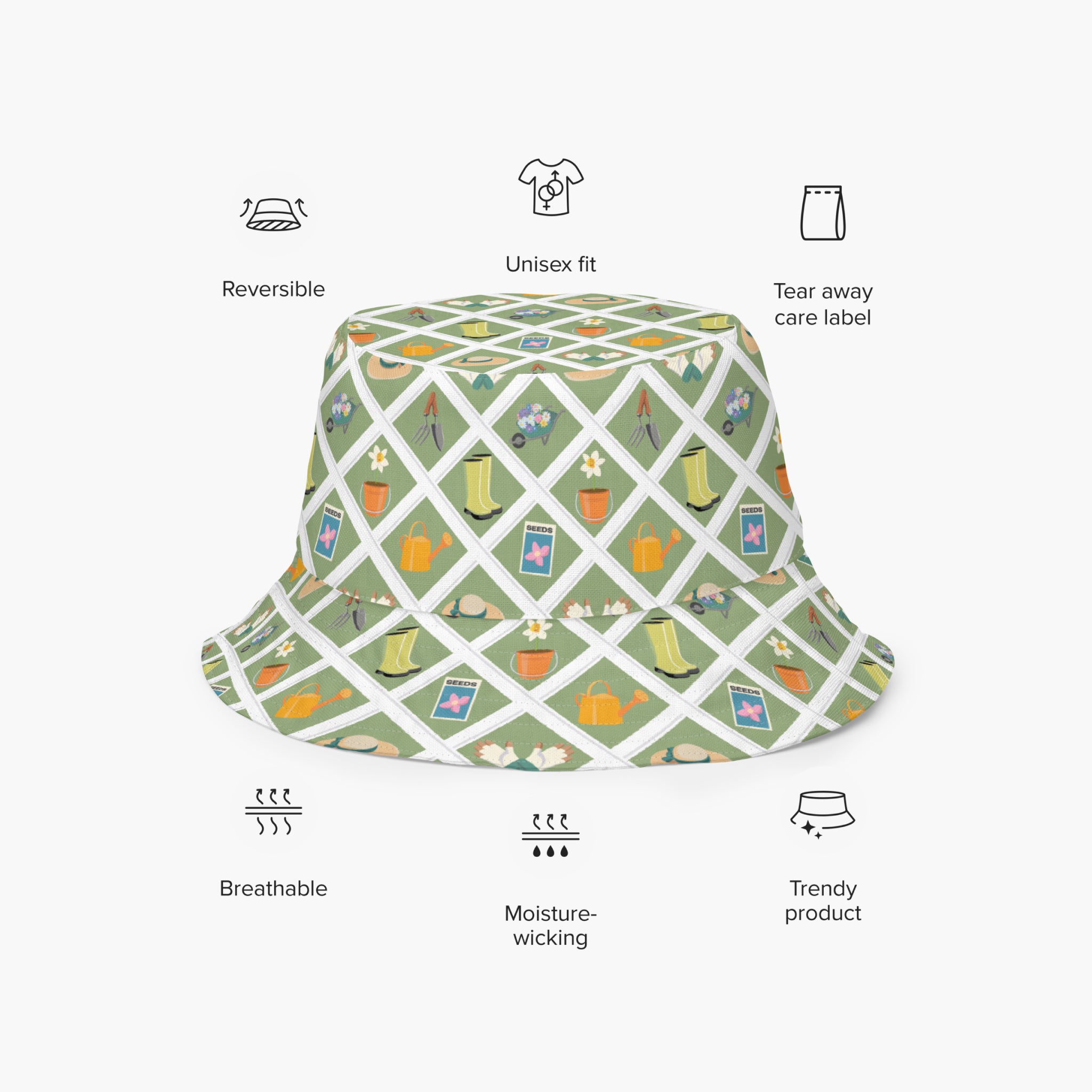 Reversible bucket hat with custom printed garden lattice fence design on a white background
