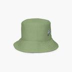 Green bucket hat with a small embroidered design on a white background