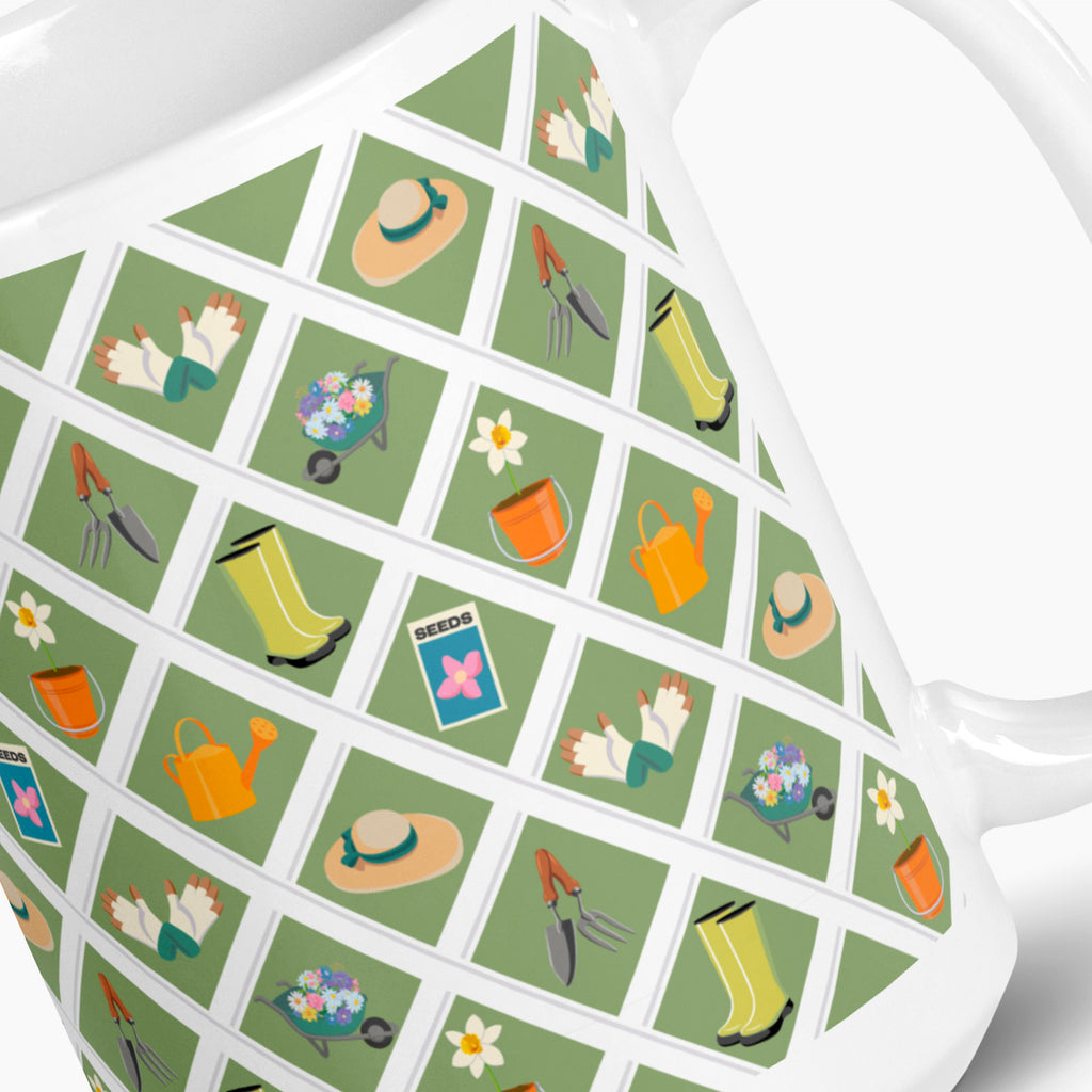 White mug with green garden lattice fence pattern on a white background