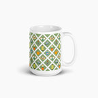 White mug with green garden lattice fence pattern on a white background