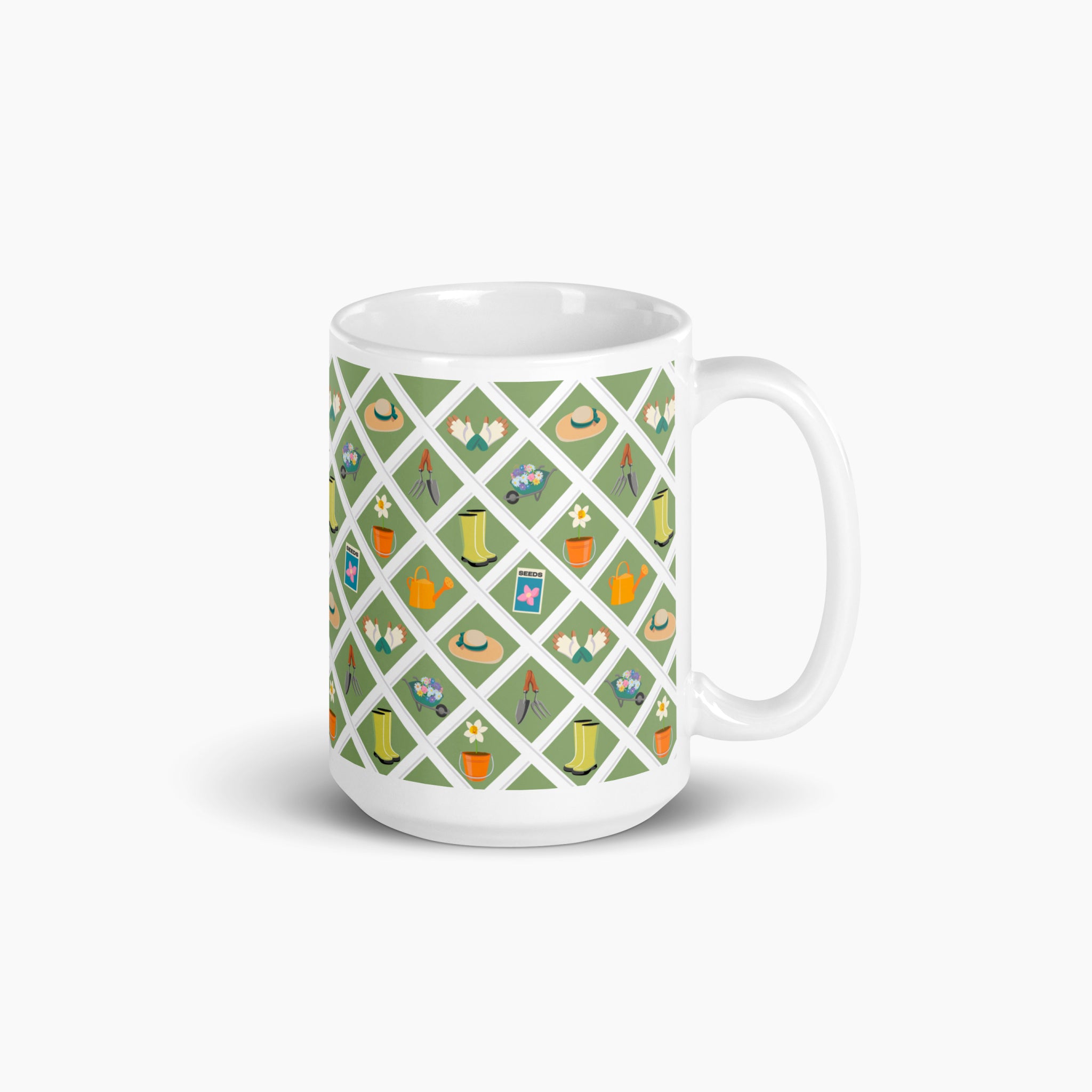 White mug with green garden lattice fence pattern on a white background
