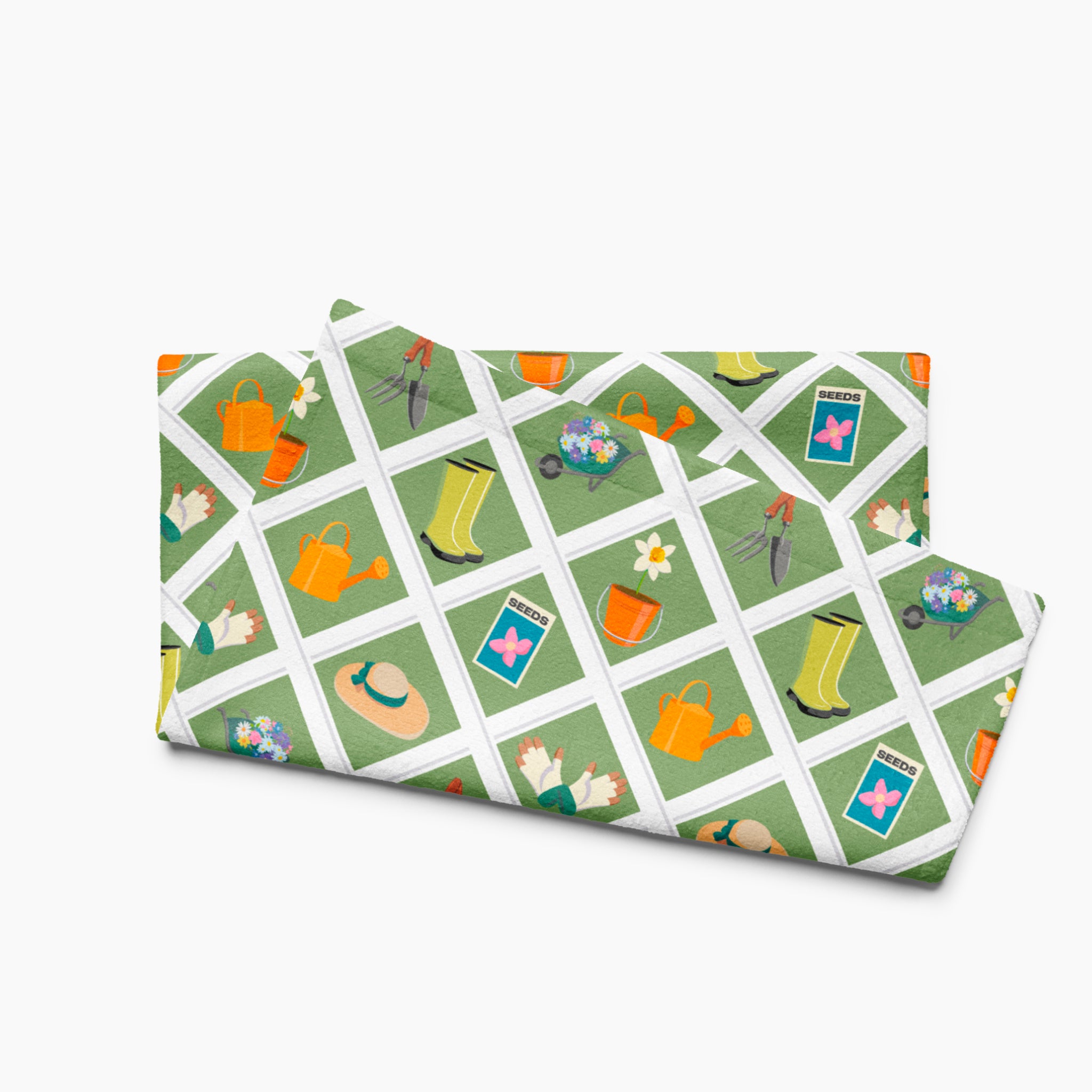 Cloth kitchen hand towel with green garden-themed pattern on a white background